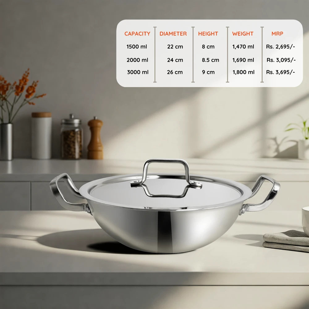 Triply Stainless Steel Kadhai with Lid | Size: 24 cm | Capacity: 2000 ml - Image 6