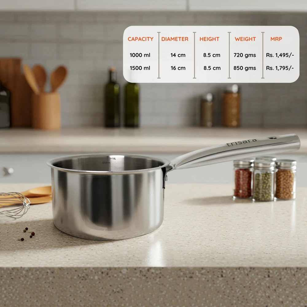 Triply Stainless Steel Saucepan | Size: 16 cm | Capacity: 1500 ml - Image 6