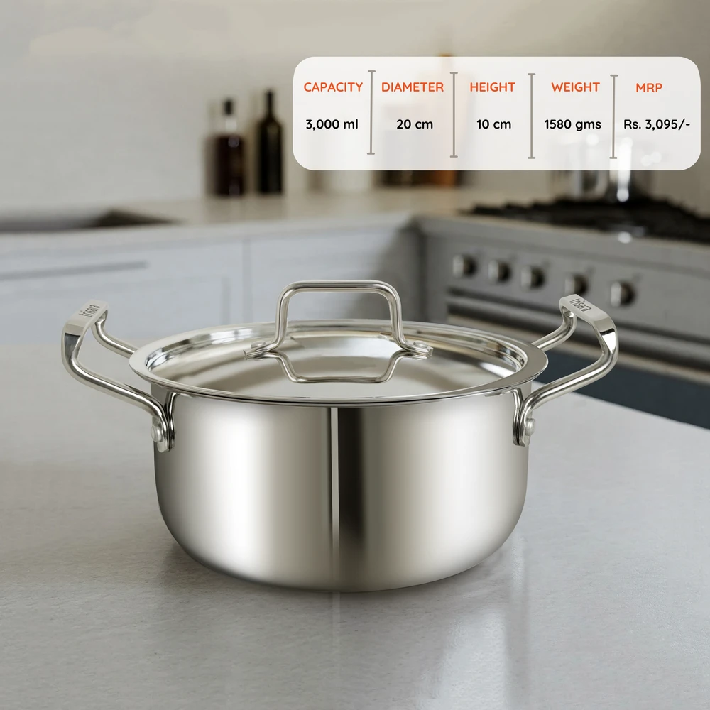 Triply Stainless Steel Casserole with Lid | Size: 20 cm | Capacity: 3000 ml - Image 6